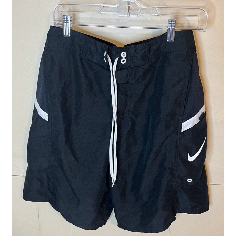Nike Black Boardshorts Mens Medium Swim Trunks Polyester Lined Swoosh Used